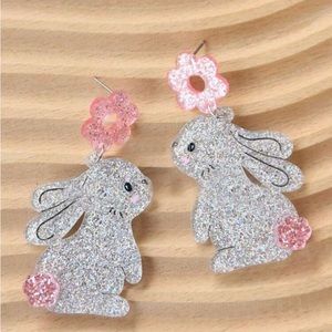 Cute Silver and Pink Acrylic Easter Bunny Earrings